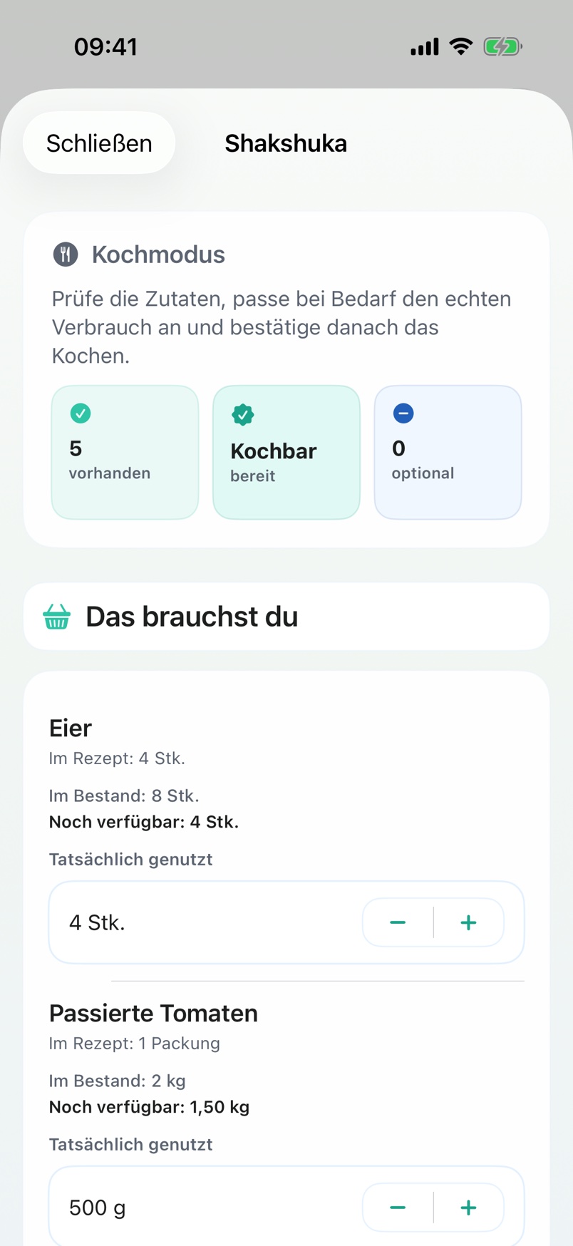 Realer Vorla Kochmodus für Shakshuka mit Zutaten und tatsächlichem Verbrauch