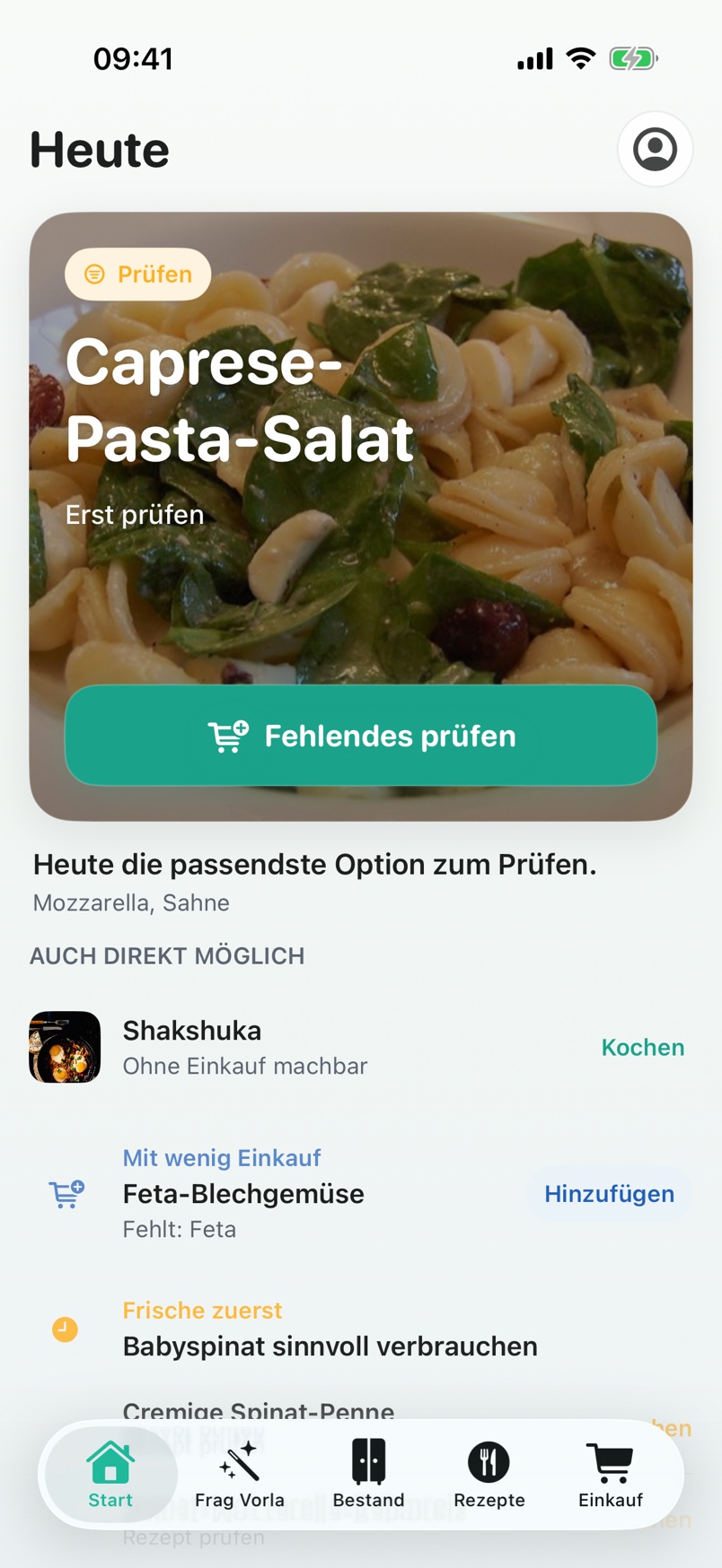 Reales Vorla Home nach dem Kochen: Der Bestand ist aktualisiert und Caprese-Pasta-Salat ersetzt Shakshuka als neue Empfehlung
